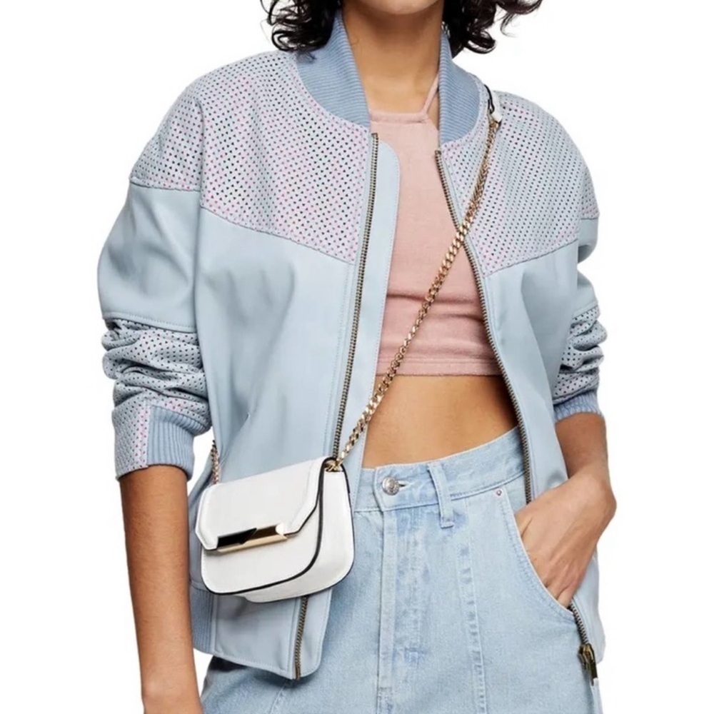 TOPSHOP Idol Perforated Faux Leather Bomber Jacket Blue Size 10 Streetwear Coat